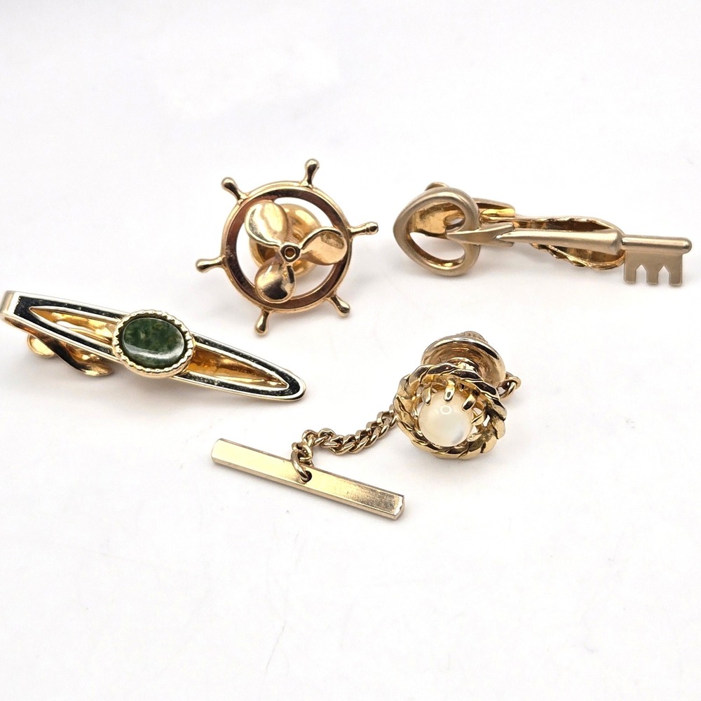 Four Piece Tie Pin Set Vintage Hickok USA Gold Tone Nautical Ship Wheel Key